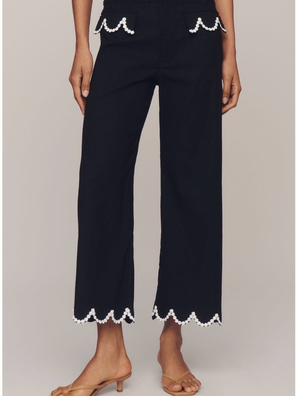 Size 29 tall Maeve Black Wide-Leg Pants with White Scalloped Trim
